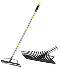 5.4FT Heavy Duty Garden Bow Rake with Stainless Steel Black+Metallic Silver