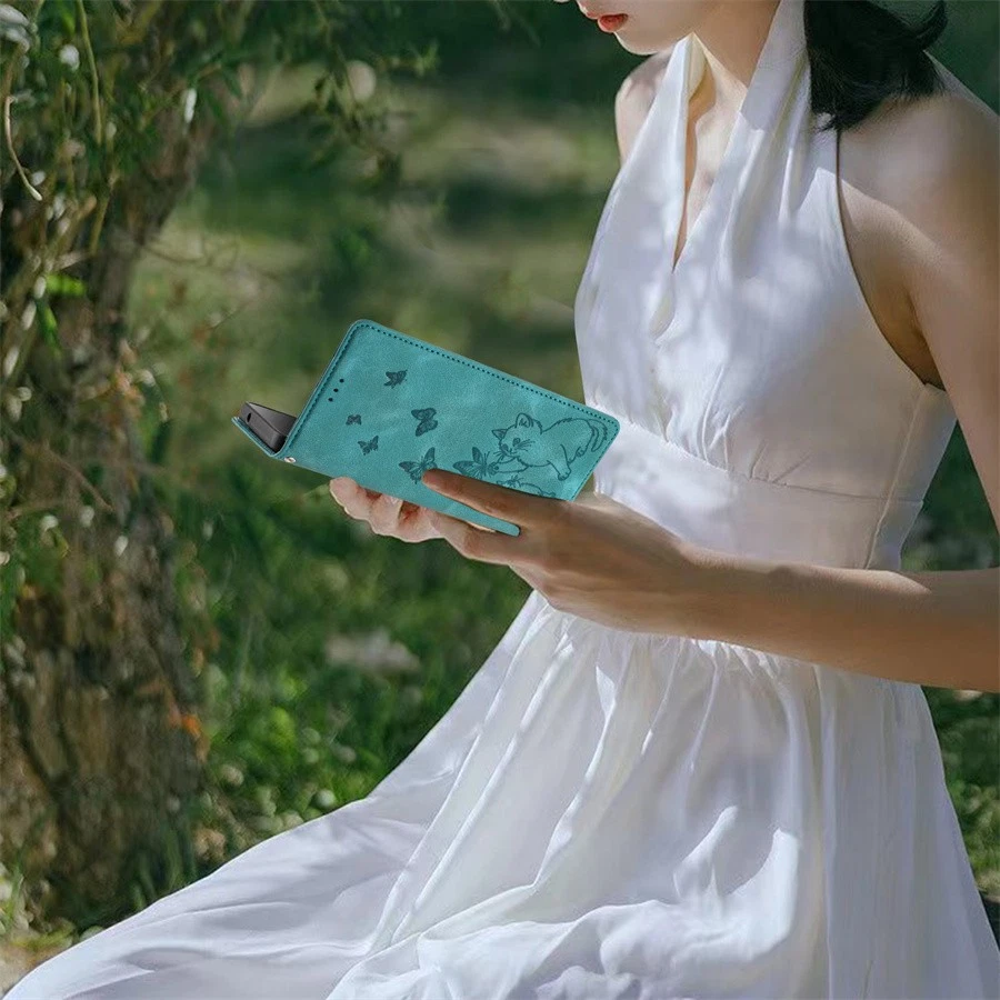 For iPhone 17 16 15 14 13 12 11 16E XS Cat Embossed Flip Wallet Case Stand Cover - Image 2 of 4