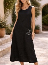 Talbots Dress Black 100% Linen Midi Sleeveless Flower Embroidered Pocket Size XL