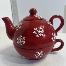 Harry&david snowdays red white christmasteapot&cup set 2006