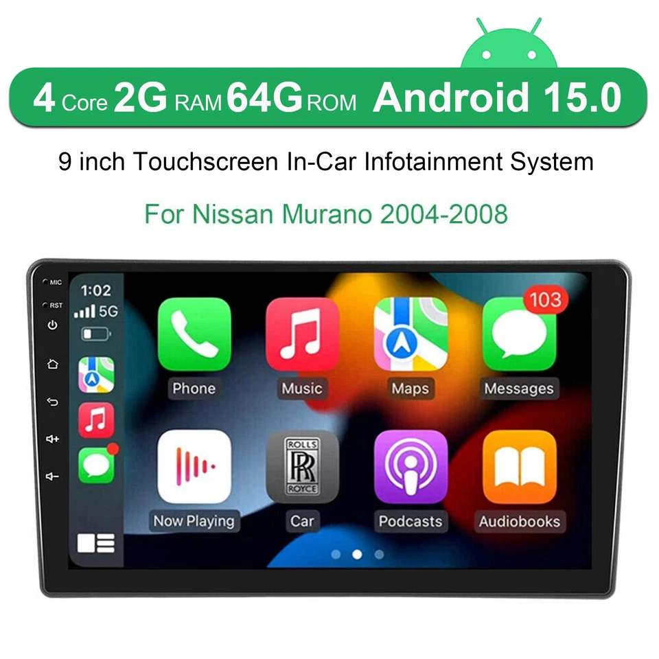 Radio estéreo para automóvil Nissan Murano 2004-2008 Android 15 GPS NAVEGACIÓN WIFI BT Carplay Foto 2 de 4