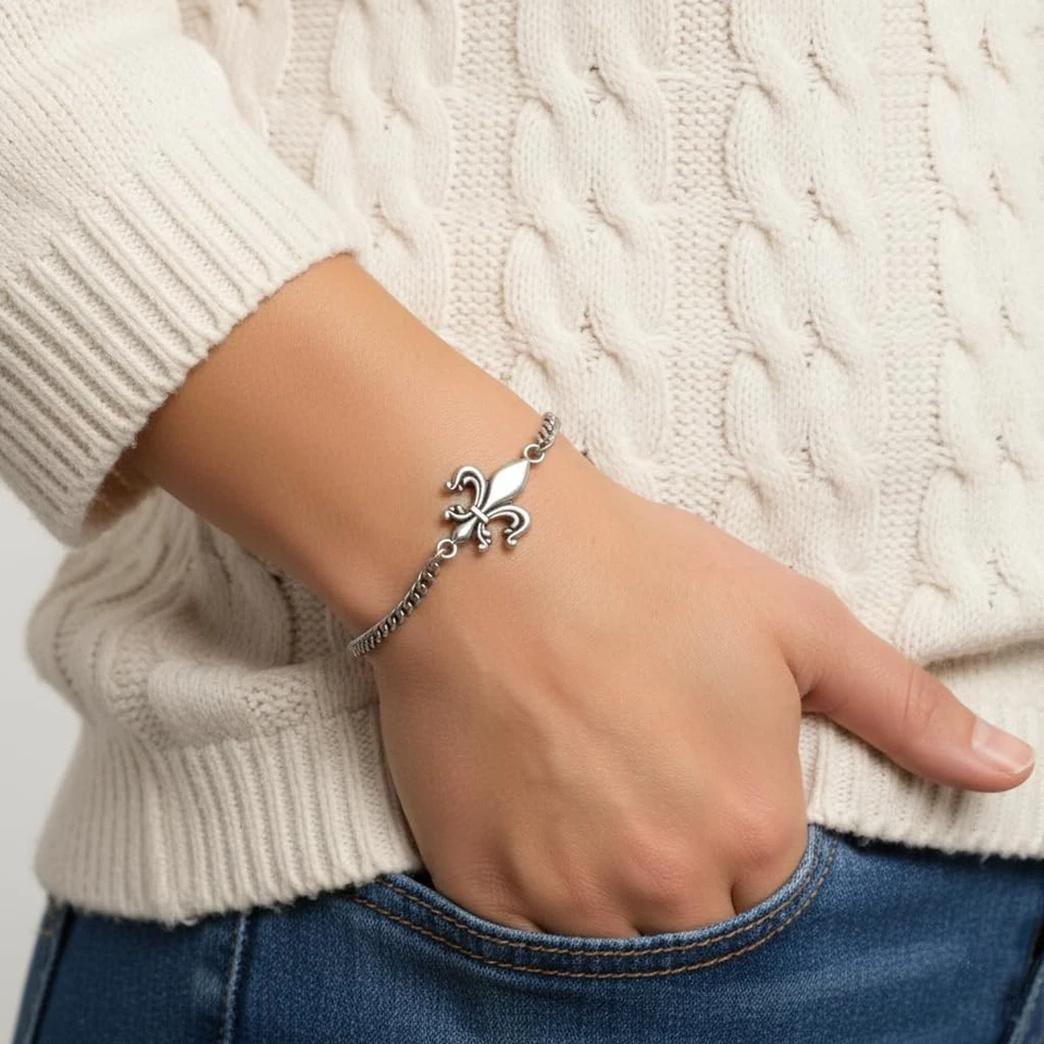 Stainless Steel Fleur de Lis Handmade Adjustable French Monarch Charm Bracelet - Image 3 of 4