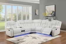SALE LED Contemporary 2-Recliner Sectional White Leather with Bluetooth Speaker
