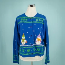 Michael Simon Lite Size Large L Snowman Snowflake Embroidered Cardigan Sweater