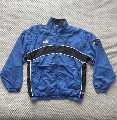 Vintage Puma Track Jacket Blue Black Zip Logo Athletic Mens Medium Festival Rave