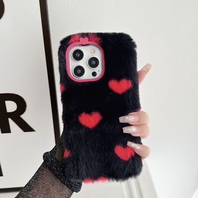 For iPhone 15 14 13 12 11 Pro Max 8 XR SE3 Cute Heart Pattern Fluffy Plush Case
