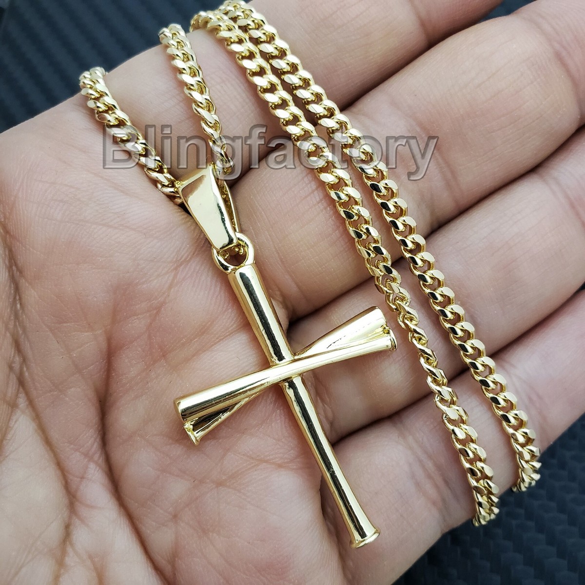 Gold Plated Brass Baseball Triple Bat Cross Pendant 24