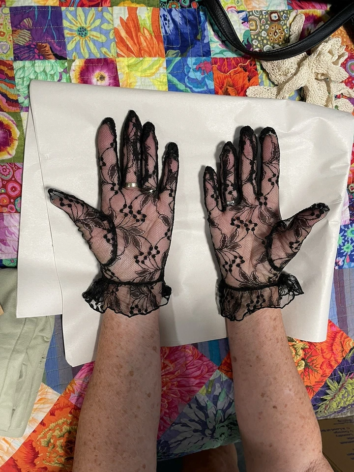 Black Lace Evening Gloves Mesh Ruffle At Wrist Goth - Image 2 of 2