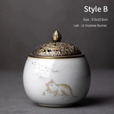 Lucky Cat Ceramic Incense Burner with Alloy Lid