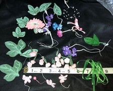 Vintage Millinery Fabric Flower Ribbon Pink Rose Painted Wooden Leaves