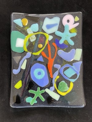  Mermaid Life Fused Art Glass Blue Handmade Rectangular Tray 8 x6 Original