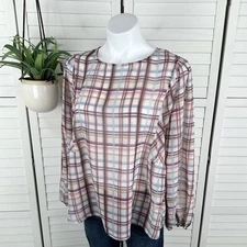 NWOT Anthropologie Dolan Lainie Blouse Sheer Light Plaid Balloon Sleeves Size M