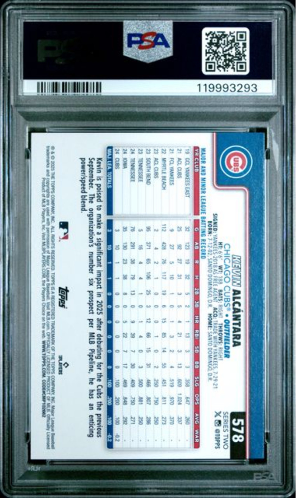Graded 2025 Topps Kevin Alcantara #578 Rookie RC Baseball Card PSA 10 Gem Mint view 2