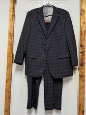 Hart Schaffner Marx 46R Black Plaid Jacket Sport Suit  Pants 41/42 x 27 Union