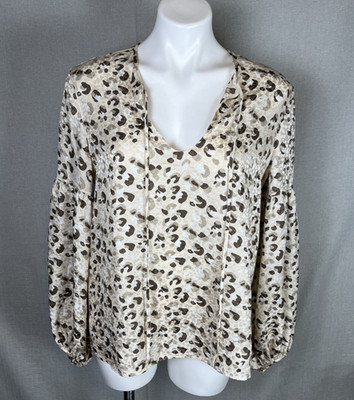 LAFAYETTE 148 Animal Cheetah Leopard Print Silk Blouse Tan Brown Balloon Sleeve