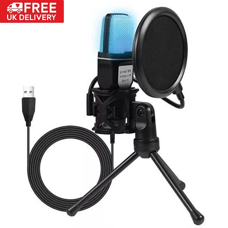 USB Condenser Microphone for PC Laptop RGB Gaming Mic for Streaming Podcast UK