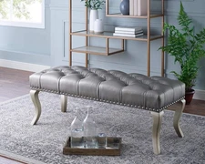 Maxem Tufted Faux Leather Upholstered Seat with Nailhead Trim Bench, Champagne