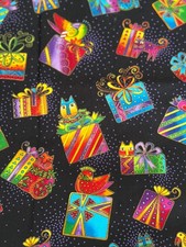 Laurel Burch Bountiful Blessings Fabric Cats Birds Presents Clothworks 44x17