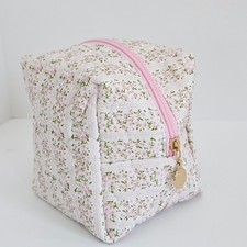 New Cubic Shaped Organizer Pink Floral Quilted Makeup Bag Cosmetic Travel Pouch