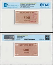 Bosnia & Herzegovina 500 Dinara, 1992 ND, P-49c, UNC, Authenticated