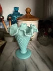 Vintage Fenton Hobnail Turquoise Milk Glass Ruffled Edge Trumpet Vase 4.25" Tall
