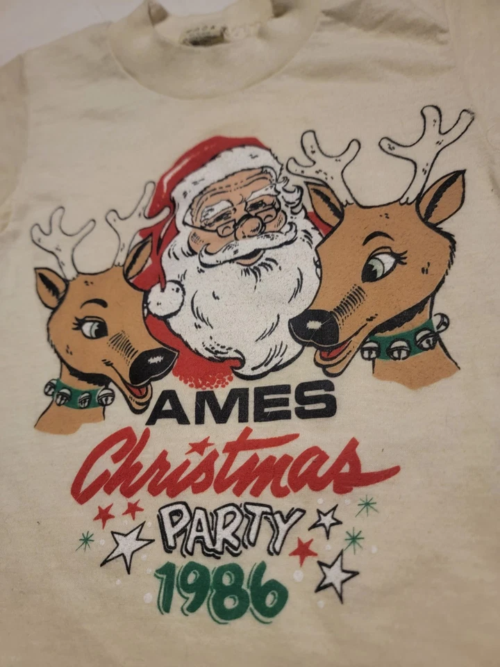 Vintage 1980s Toddler Christmas Party Reindeer Santa Screen Stars Single Stitch - Image 2 of 4