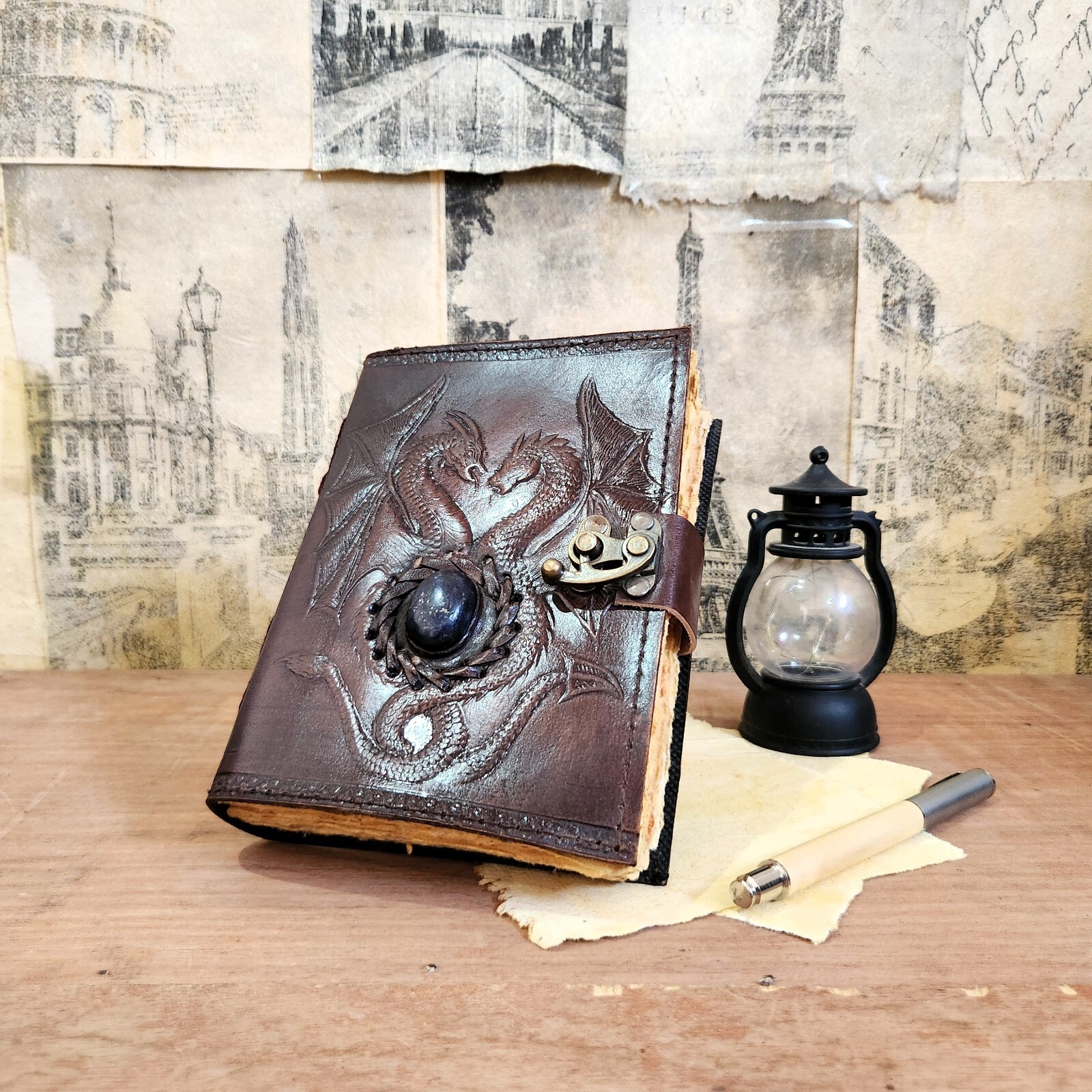Double Dragon Embossed Leather Journal with Deckle Edge Pages for Sketching and Dream Journaling