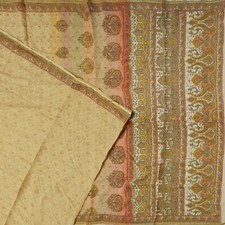 Vintage Beige Sarees 100 Pure Crepe Silk Printed Zari Border Sari 5YD Fabric