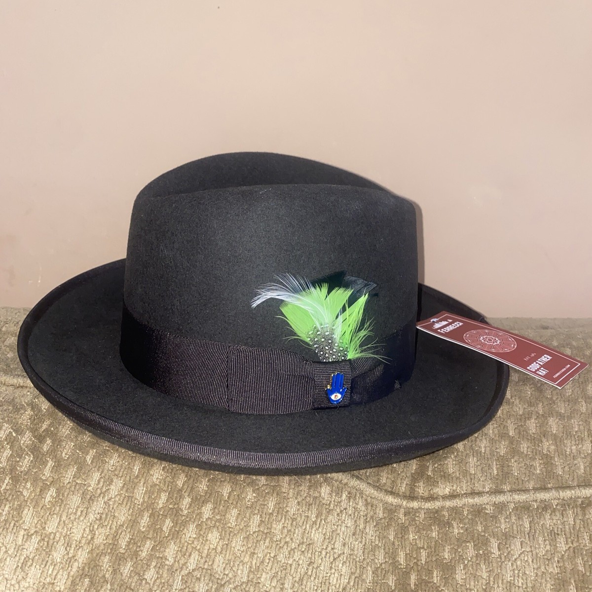 Hats Ferrecci Godfather Formal Black Hat W Feather accent Premium