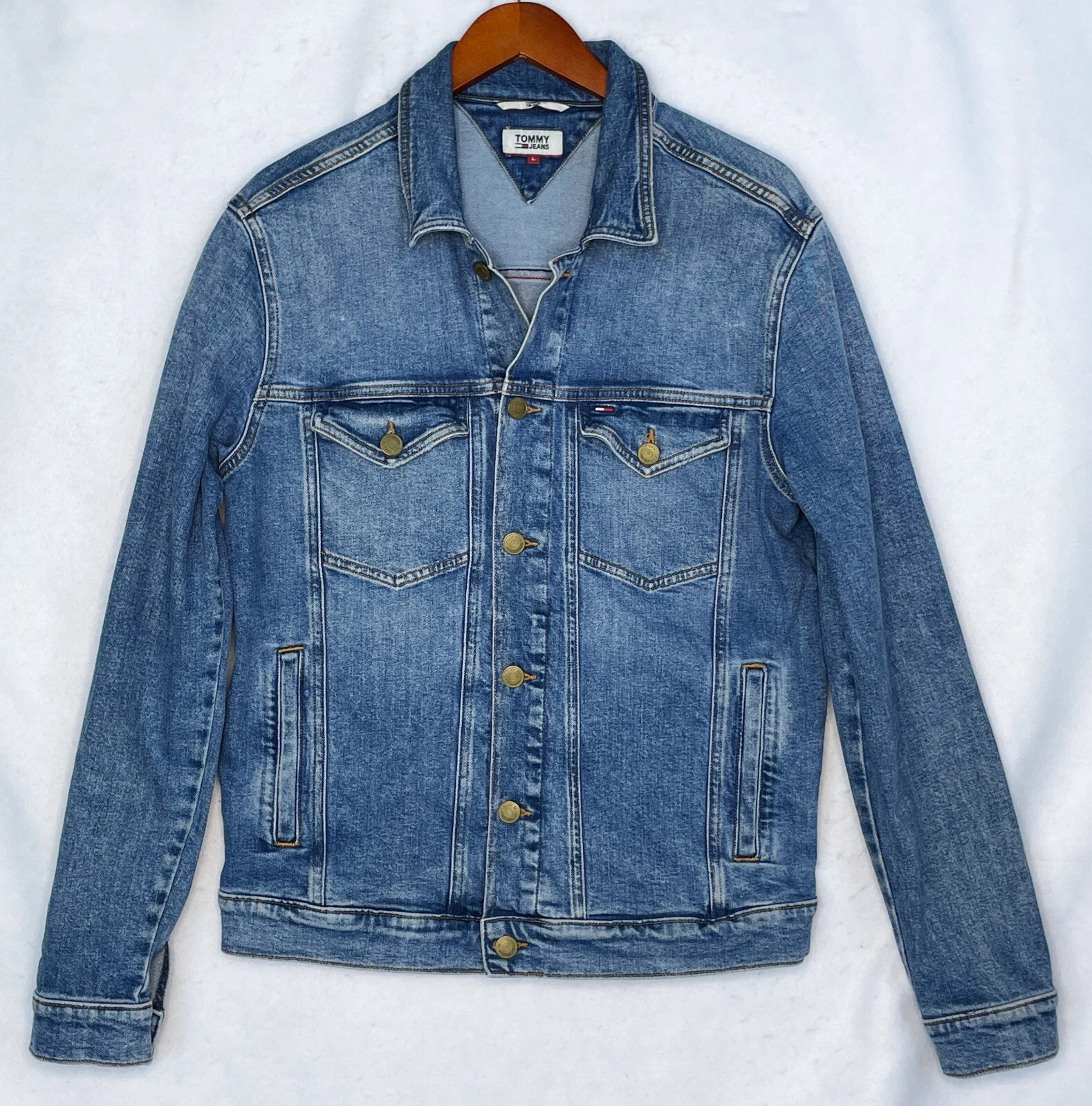 Tommy Jeans Denim Trucker Jacket Size Large Mens Blue Pockets