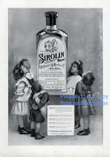 Sirolin medicin XL german ad 1908 children girls bootle flacon La Roche ...