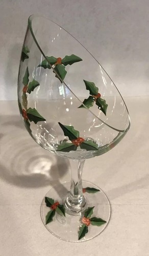 Victradco Tall Hand Painted Holly and Ivy Glass Goblet Candy Dish - Picture 4 of 11