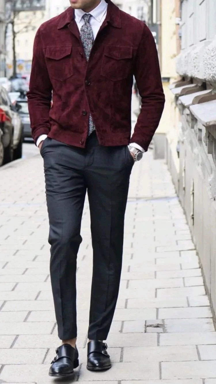Mens Burgundy Suede Leather Trucker Jacket Pure Suede Custom Made Coat Jacket