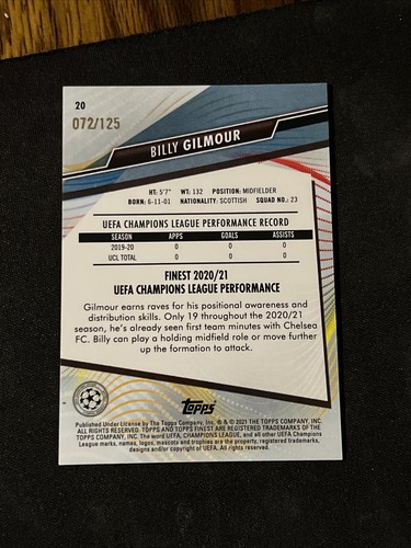 2020-21 Topps Finest UCL Rifrattore Rosa /125 Billy Gilmour #20 Rookie RC - Foto 2 di 2