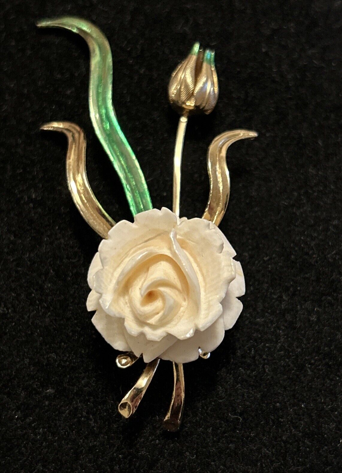 Vintage White Rose Flower Gold Tone  Baked Enamel… - image 3