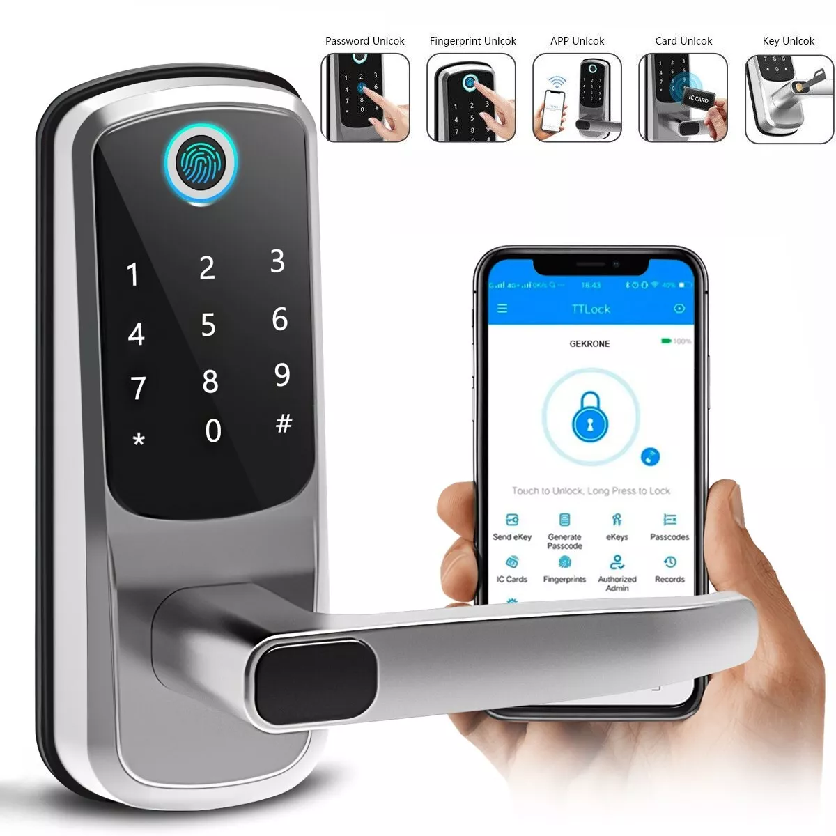 Electronic Smart Door Lock WiFi APP Fingerprint Card Password Key