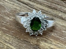 925 Sterling Silver Green Stone Halo Ring Size 9.75 CZ Accent Ring