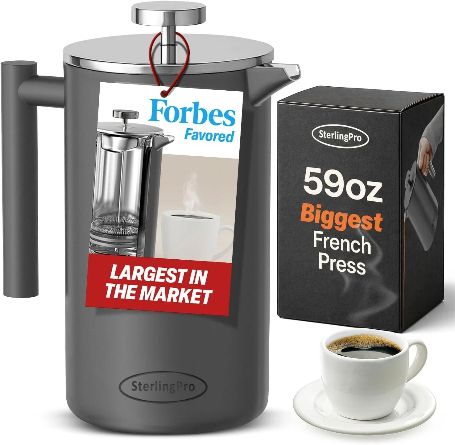 Stainless Steel French Press Coffee Maker 1.75 L 59 oz Grey – Double Walled
