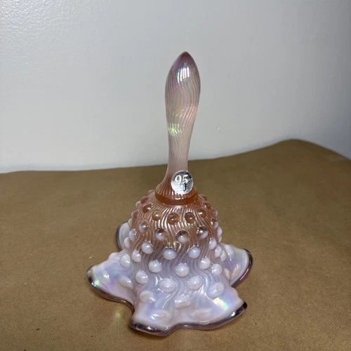 Fenton Pink Opalescent Iridescent Hobnail Glass Bell Ruffled Edge with Clapper