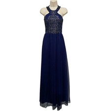 Navy Blue Halter Neck 3 Embellished Bodice Tulle Skirt Evening Gown Sleeveless