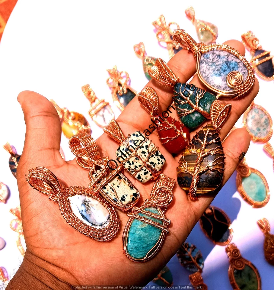 Lote de colgantes de piedras preciosas ojo de tigre y mezcla hechos a mano envoltura de alambre de cobre regalo para amigo Foto 3 de 3