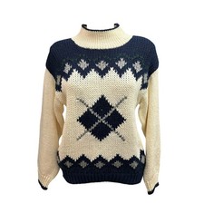 Vintage Hand Loomed Argyle Geometric Print Cream Navy Mock Neck Sweater Small