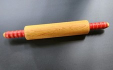 Vintage 40s Wood Rolling Pin  Red Handles Ribbed Kitchen  Utensil Tool