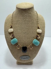 Gold Tone Necklace With Faux Gemstone & Cristal Green & White Enhanced 24 Inch