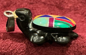 Native American Zuni Turtle Carved Onyx with Inlaid Gemstones Pendant