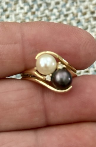 14k Gold Black & White Pearl Ring With Diamonds Size 7.25 - Picture 4 of 9