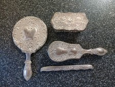 Vintage Silver Plated Vanity Hair Brush Mirror Brush Comb Set Ornate Floral
