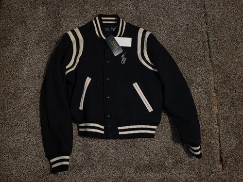 Polo Ralph Lauren Varsity Jacket Spellout Wool Sheep Leather Navy Blue Sz M New!