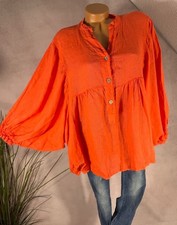 Bohemian rein Leinen Tunika Bluse Italy Ballonärmel KORALLENROT one size