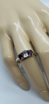 Natural Aquamarine/Rhodolite Garnet 3-Stone Ring Solid Gold Size 7